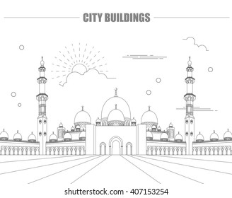 City buildings graphic template. UAE mosque. Vector illustration