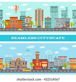 City buildings horizontal banners with colorful houses road transport trees clouds on blue background isolated vector illustration