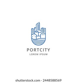 City buildings with house and waves logo design. Port city beachfront house logo template