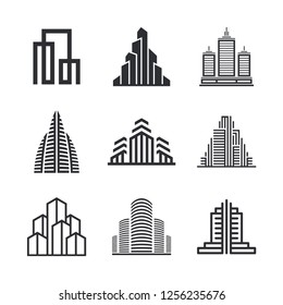 City buildings and houses. Set of icons and logo design elements for real estate agency, construction company, hotels