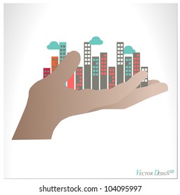 City buildings human hand. Vector illustration.