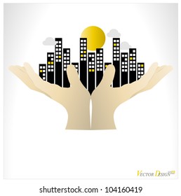 Edificios urbanos mano humana. Ilustración vectorial.