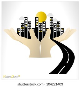 City buildings human hand. Vector illustration.