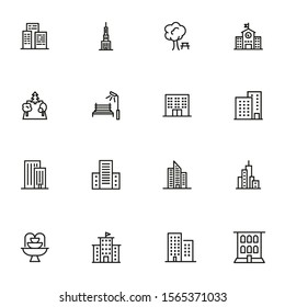 City buildings icon set. Line icons collection on white background. Skyscraper, architecture, street. Construction concept. Can be used for topics like tourism, business center, financial district