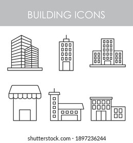 conjunto de iconos de edificios de ciudades sobre fondo blanco, estilo de línea, ilustración vectorial