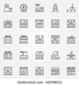 City buildings icon set - vector collection of town buildings thin line symbols. Circus, bowling, observatory and other linear signs