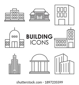 city buildings icons collection over white background, line style, vector illustration