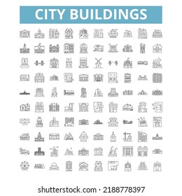 City buildings icons, line symbols, web signs, vector set, isolated illustration