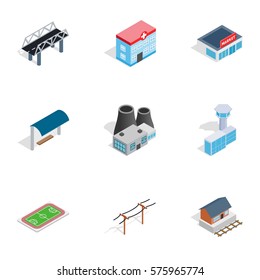 City buildings icons set. Isometric 3d illustration of 9 city buildings vector icons for web