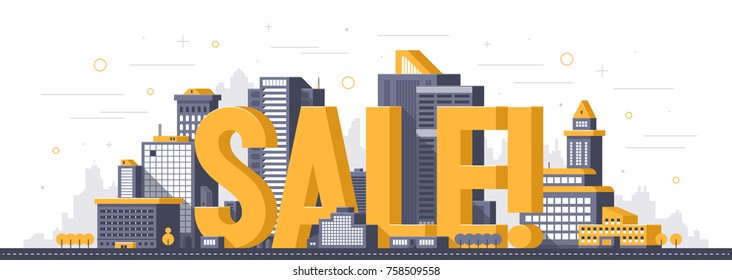 City buildings illustration with big letters SALE! in modern flat style on white background