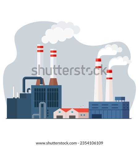 City buildings and industrial area with factory. Modern city center with scyscrappers, residential houses. Colorful panoramic downtown view. Megalopolis cityscape. Metropolis skyline. Urban scenery