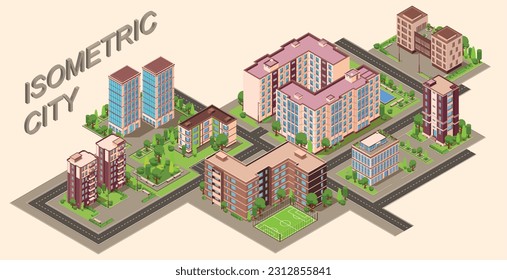 City buildings isometric composition with 3d text and isolated view of urban district with modern houses vector illustration