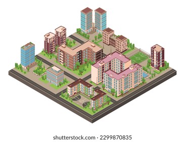 City buildings isometric composition with isolated view of district block with streets and modern residential houses vector illustration