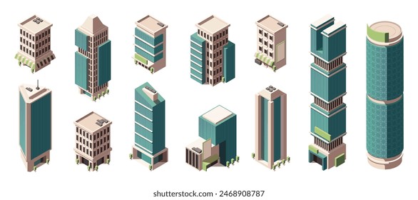 Conjunto de iconos isométricos de edificios de ciudad. Urbanas rascacielos futuristas, centros de negocios y oficinas, centros comerciales y propiedades residenciales. Colección de Vector 3D de dibujos animados aislada sobre fondo blanco