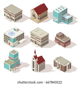 City buildings isometric icons set with hospital church and school police and theater mall isolated vector illustration