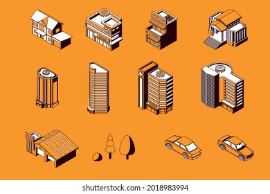 City buildings isometric set with isolated monochrome icons of classic and modern apartment houses with cars vector illustration
