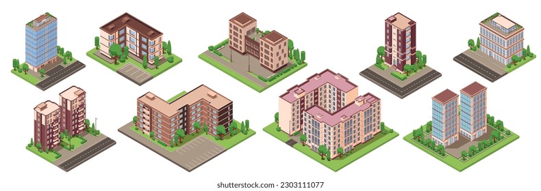 City buildings isometric set with isolated icons of modern residential houses with yards on blank background vector illustration