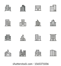 City buildings line icon set. Office building, apartment house, business area. Urban life concept. Can be used for topics like town, big city, architecture