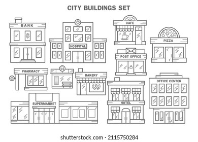 City buildings line icon set. Urban architecture elements. Bank, hospital, cafe, pizza, pharmacy, bus stop, bakery, post office, hotel and suprrmarket. Vector illustration EPS 10.