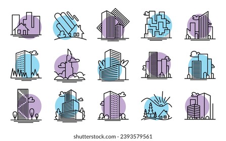 City buildings line icon set. Office building, apartment house, business area. Urban life concept. Can be used for topics like town, big city, architecture or logo