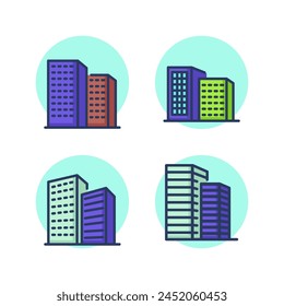 City buildings line icon set. Multicolored city buildings, office, skyscraper, apartment house. Architecture, building, construction concept.Vector illustration for web design and apps