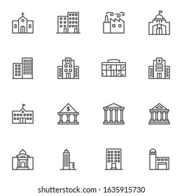 City buildings line icons set. linear style symbols collection, outline signs pack. vector graphics. Set includes icons as bank building, library, courthouse, hospital, factory, school, skyscraper 