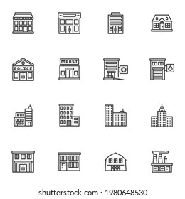 City buildings line icons set, outline vector symbol collection, linear style pictogram pack. Signs, logo illustration. Set includes icons as skyscraper building, factory, post office, house, home