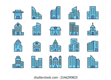 City buildings line icons. Simple house, office residential apartment symbols editable stroke, urban concept. Vector set