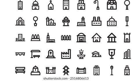 City and buildings linear icons High-Quality Vector Icons Collection with Editable Stroke. Ideal for Professional and Creative Projects.