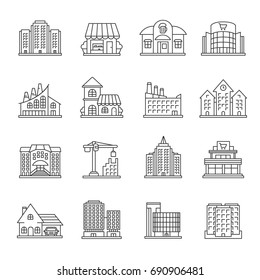 City buildings linear icons set. Facades. Town architecture. Thin line contour symbols. Isolated vector outline illustrations. Editable stroke