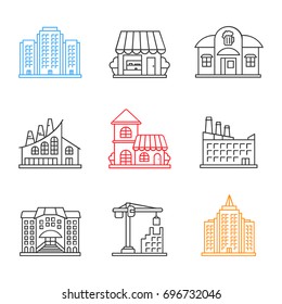 City buildings linear icons set. Multi-storey building, shop, pub, industrial factory, cafe, hotel, university, tower crane, skyscraper. Thin line contour symbols. Isolated vector outline illustration