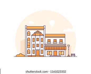 City buildings - modern thin line design style vector illustration on white background. Orange colored composition with an apartment house, shop with sunblinds, lantern, bench. Urban architecture