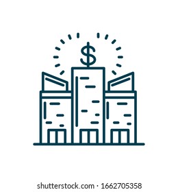 city buildings with money symbol icon over white background, line style, vector illustration