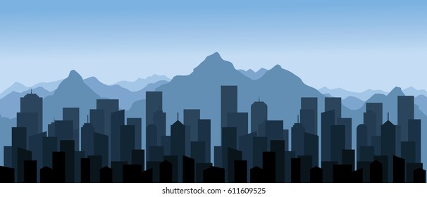 City buildings and mountains vector background.