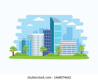 Ciudad con edificios y naturaleza, paisaje urbano en el día soleado. diseño gráfico de ilustración vectorial.