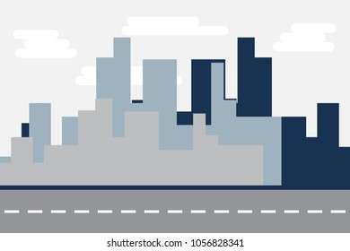 City buildings near road. cartoon, vector, illustration