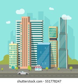 City buildings near road vector illustration, cityscape flat style, modern big hight skyscrapers town, urban street landscape