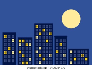 City buildings night with moon in flat design.