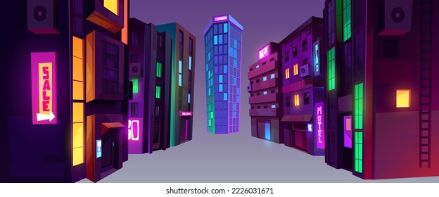 City buildings at night in perspective view. Urban landscape elements, houses and skyscraper with neon signboards and glowing windows, vector cartoon set isolated on background