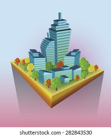 City Buildings on flying island. Vector illustration.