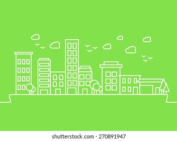 City buildings on green background. Vector
