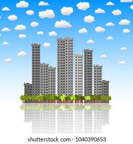 city buildings on reflection place with blue sky