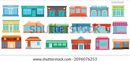 City buildings on a white background. Set of icons of markets, grocery stores, restaurants, cafes, pizzerias and other city buildings. 