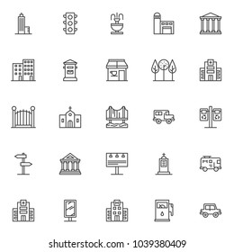 City buildings outline icons set. linear style symbols collection, line signs pack. vector graphics. Set includes icons as Skyscraper, Traffic light, Fountain, Fire station, Court house, Hospital