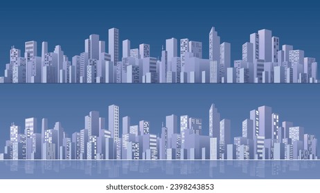 City buildings panorama in frat style, header images for web. Vector illustration simple geometric. Urban Abstract of business district. Horizontal banner, background cityscape.