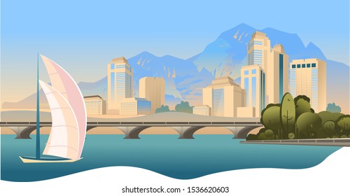 City buildings, panoramic landscape megalopolis on the edge of the canal, bright sunny day vector horizontal illustration