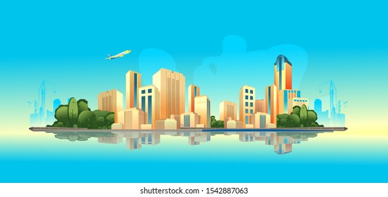 City buildings, panoramic landscape megalopolis on the edge of the canal, bright sunny day vector horizontal illustration