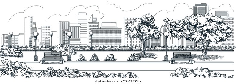 City buildings and park landscape. Vector hand drawn sketch illustration of urban cityscape. Town environment horizontal background