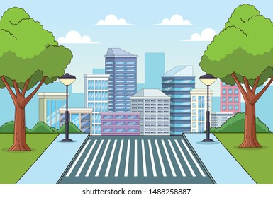 City buildings and park with trees urban scenery cartoons ,vector illustration graphic design.