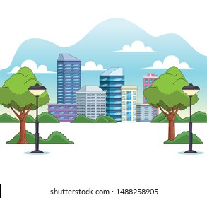 City buildings and park with trees urban scenery cartoons ,vector illustration graphic design.